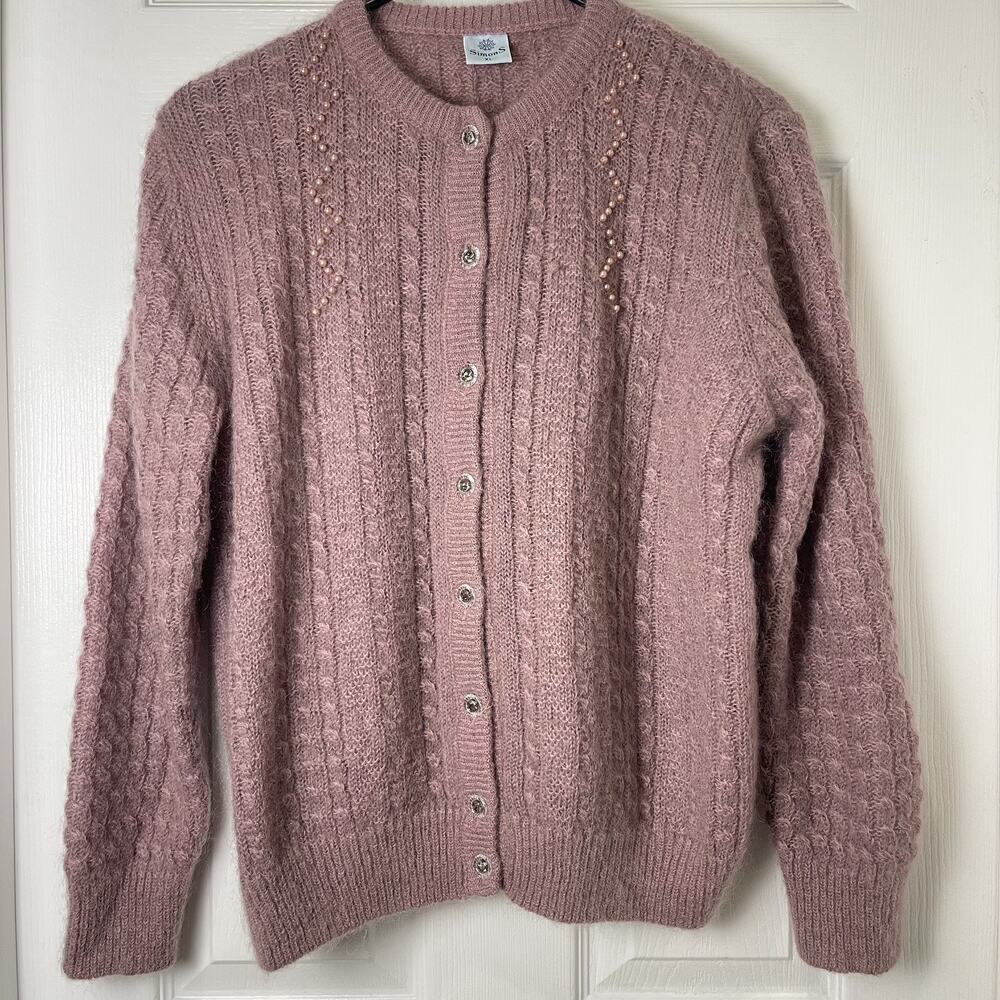 Vintage Dusty Rose Cable Knit Cardigan, Pearl Button Embellished Sweater Medium